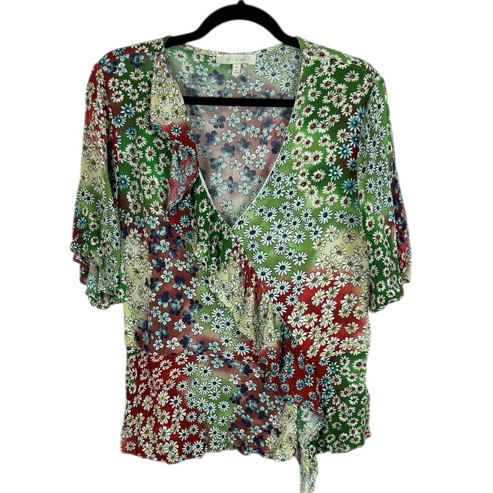 Eri + Ali Floral Faux Wrap Blouse Multicolor V-Neck Ruffle Front Top Size Xl
